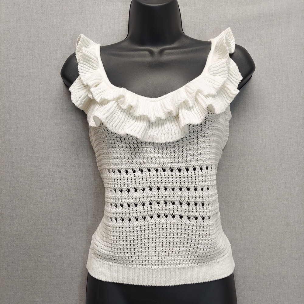 7 For All Mankind Sweater Tank Womens L Ruffle Neck Pointelle Knit Cottagecore